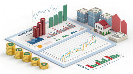 Real estate investment chart with buildings and coins on a white background.の写真素材