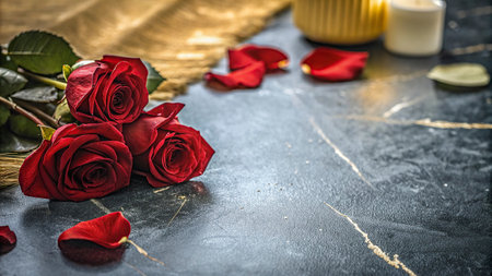 Red roses and candles on black stone table. Valentines day backgroundの写真素材