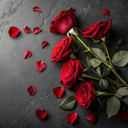 Red roses and petals on black stone background. Top view with copy spaceの写真素材