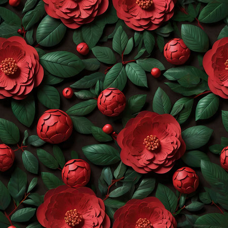 Seamless pattern with red peonies and green leaves on dark backgroundの写真素材