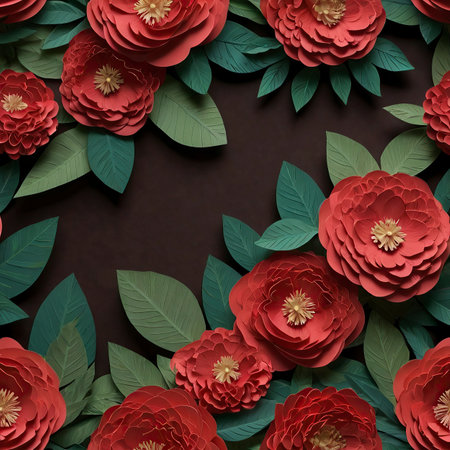 Floral background with red camellia flowers and green leaves.の写真素材