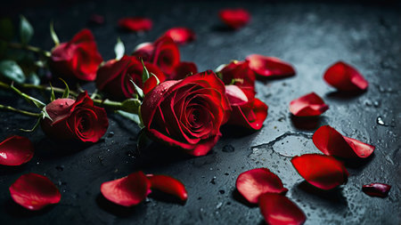 Red rose petals on black background with water drops. Valentines day concept.の写真素材