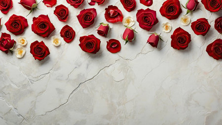 Red rosesle background. Flat lay, top view, copy spaceの写真素材