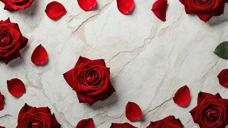 Red roses and petals on a white marble background with copy spaceの写真素材