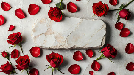 Valentine's Day background with red roses and marble, top viewの写真素材