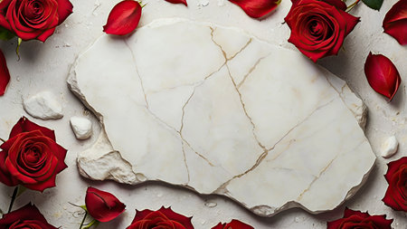 Valentine's day background with red roses and marble, top viewの写真素材