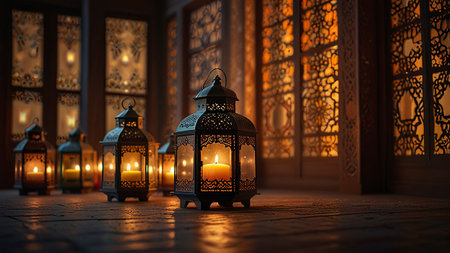 Ramadan Kareem Greeting Card. Arabic lanterns with burning candles in the mosqueの写真素材