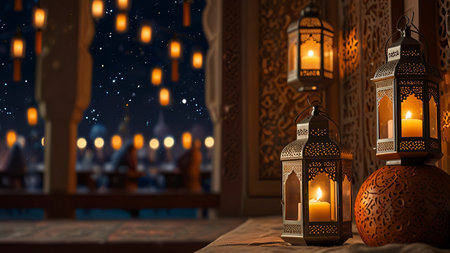 Ramadan Kareem background. Arabic lanterns with burning candles.