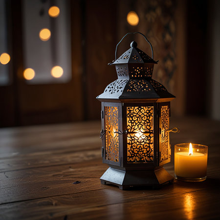 Lantern with burning candle on wooden background.