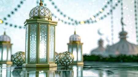Ramadan Kareem background with mosque and lanterns. 3D renderingの写真素材