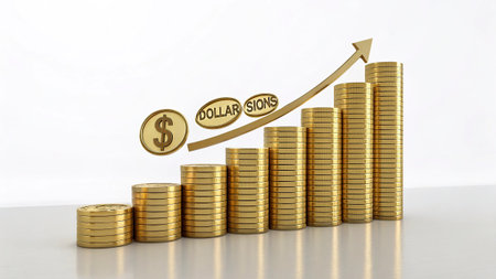 Golden coins with business growth graph on white background. 3d renderの写真素材