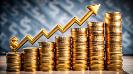 Gold coin stacks with increasing graph, business and finance concept idea.