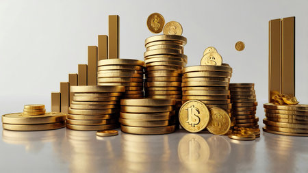 golden coins with graph and bar chart. 3d illustration.