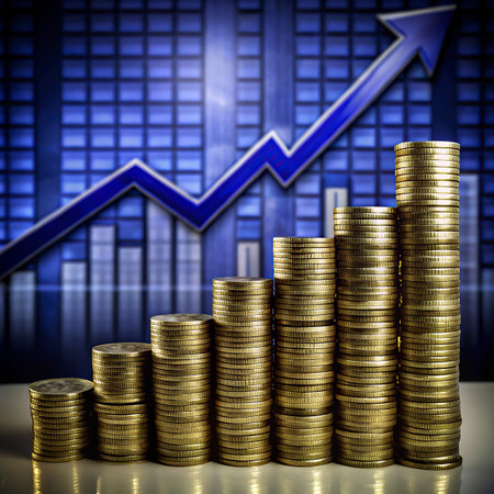 Investment concept, Coins graph stock market, gold coin stack on blue business graph background