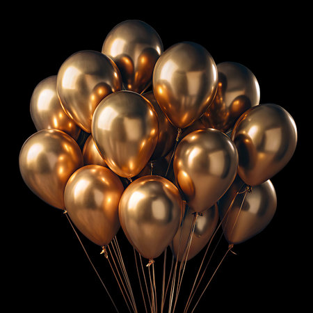 golden balloons bunch isolated on black background. 3d render illustrationの写真素材