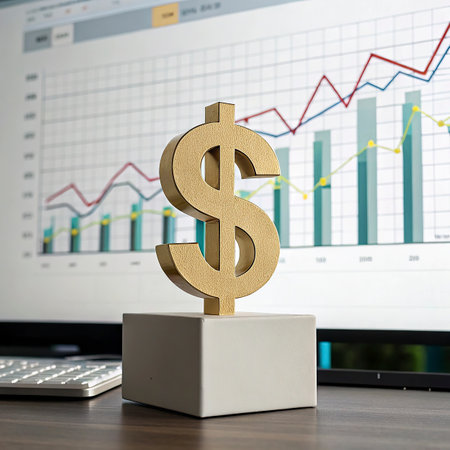 Gold dollar symbol on a white podium with graphs and charts in the backgroundの写真素材