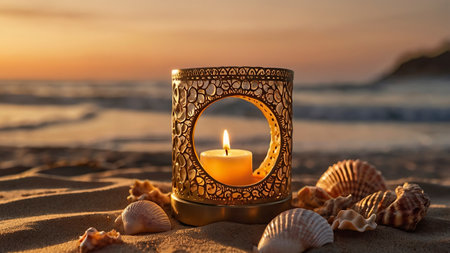 Burning candle in a wicker candle holder on the beach with seashells