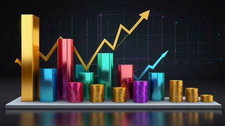 3d illustration of golden coins stack over black background with business graph