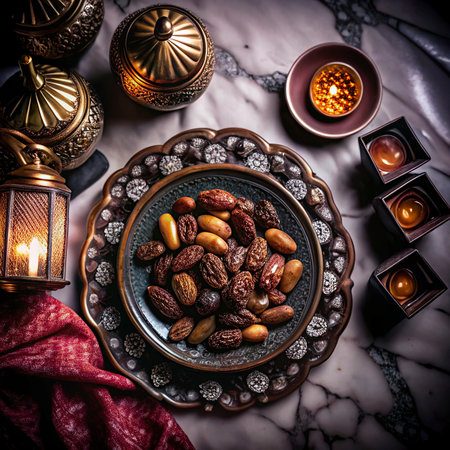 Ramadan Kareem greeting card. Almond nuts in bowl background