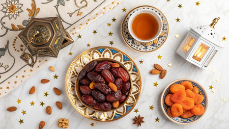 Ramadan Kareem greeting card with dates, tea and lantern. Top viewの写真素材