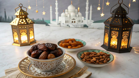 Ramadan Kareem greeting card with dates, nuts and lanterns