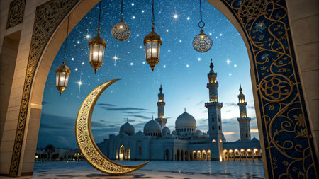 Ramadan Kareem greeting card with mosque and crescent moon in Dubai, United Arab Emirates