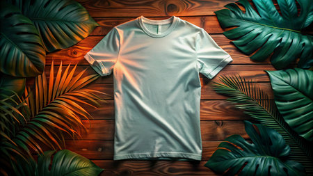 T-shirt mockup on a wooden background with tropical leaves.の写真素材