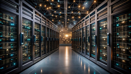 server room data center with rows of server racks. 3d renderの写真素材