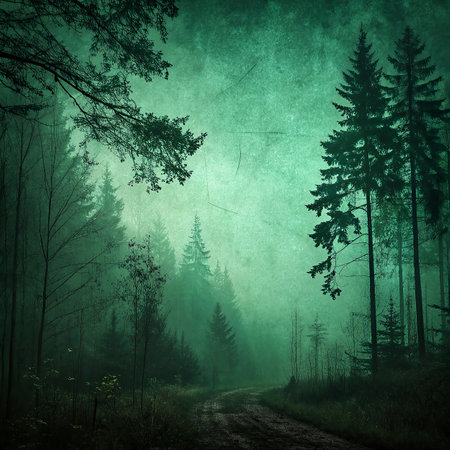 Mysterious dark forest with fog and trees on grunge backgroundの写真素材