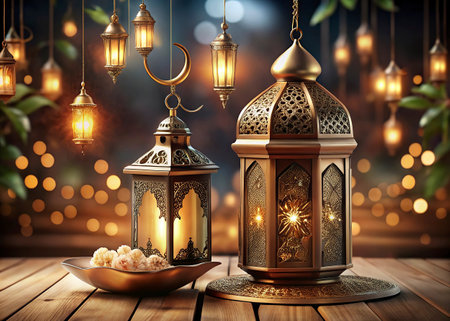 Ramadan Kareem greeting card. Islamic lanterns on wooden tableの写真素材