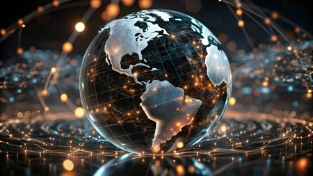 Globe with glowing dots and lines. 3d rendering toned image
