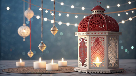 Ramadan Kareem greeting card. Arabic lantern with burning candles. 3D rendering