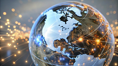 Globe with international network representing communication and travel. 3D rendering