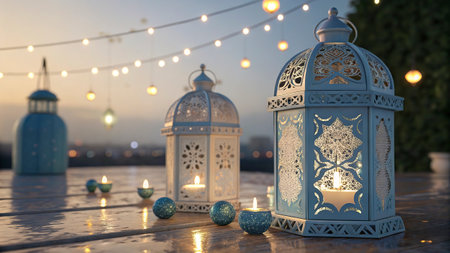 Lanterns with burning candles on the terrace at sunset