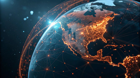 Global network connection over the world. 3D illustration. Elements of this image furnished by NASAの写真素材