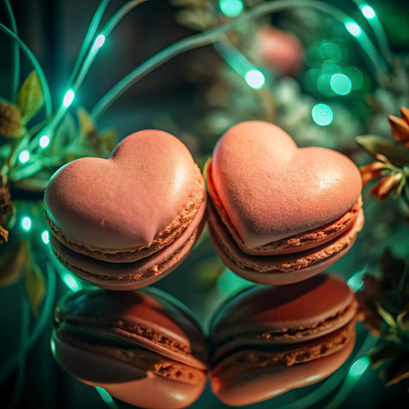 Macaroons in the shape of a heart on a background of green garland