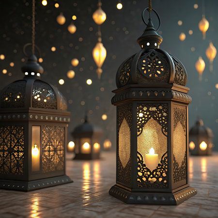 Ramadan Kareem greeting card. Lanterns with burning candles.