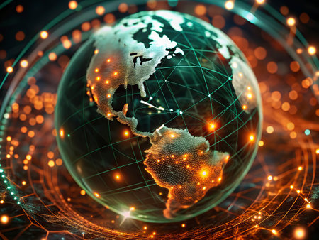 Globe with glowing lines and particles. 3d rendering toned imageの写真素材