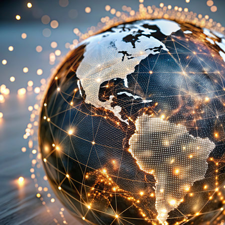 Globe with glowing lines and bokeh effect. 3d renderingの写真素材