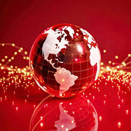 Globe and Christmas lights on red background. Global business concept.の写真素材
