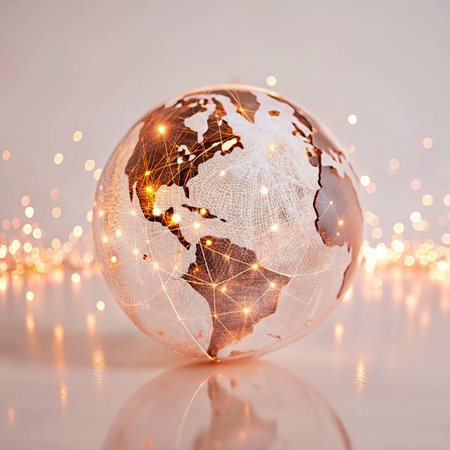 Globe with glowing lights and bokeh. Global business concept.の写真素材
