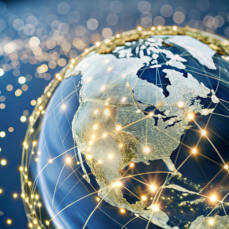 Globe with glowing lines on dark blue background. Global network concept.の写真素材