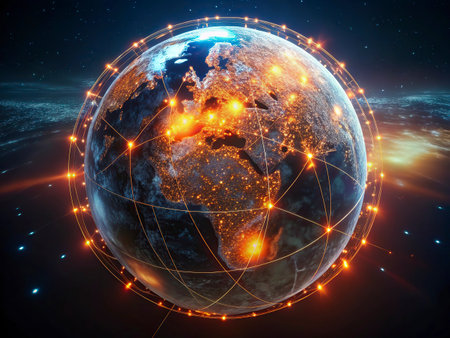Globe with map of the world, glowing lines on technological background. 3D illustration.の写真素材