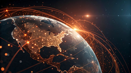 Global network connection over the planet Earth. 3d rendering toned image double exposureの写真素材