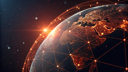 Global network connection over the planet Earth. 3d rendering double exposureの写真素材