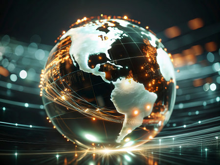 Best Internet Concept of global business. Globe, glowing lines on technological background. Wi-Fi,...