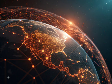 Global network connection over the world. 3d rendering toned image double exposureの写真素材