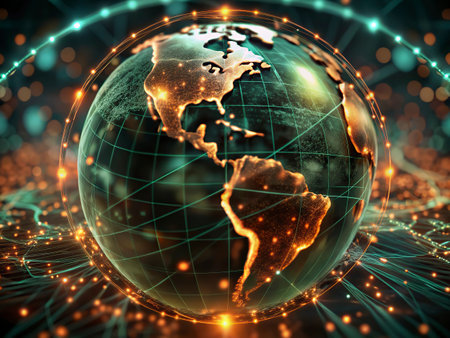 Best Internet Concept of global business. Globe, glowing lines on technological background. Wi-Fi, rays, symbols Internet, 3D illustrationの写真素材
