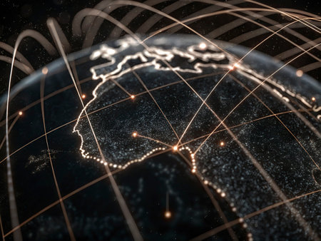 Global network on planet Earth with glowing lines and city lights. 3D renderingの写真素材
