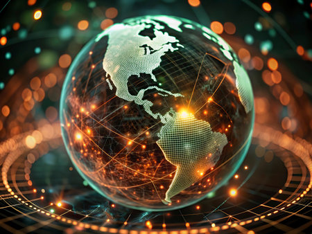 Best Internet Concept of global business. Globe, glowing lines on technological background. Wi-Fi, rays, symbols Internet, 3D illustrationの写真素材